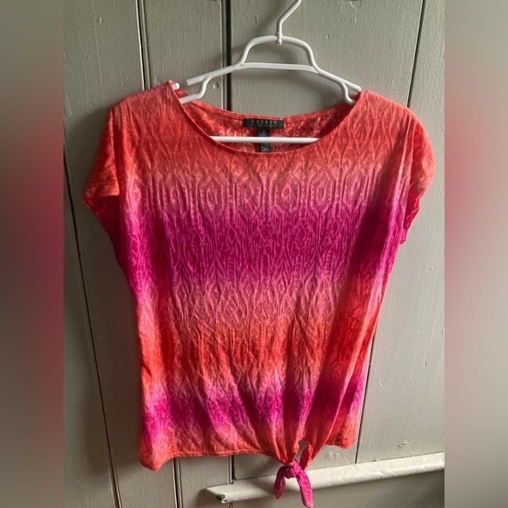 Lauren Ralph Lauren Womens Pink & Orange Top With Tie At Bottom Size M